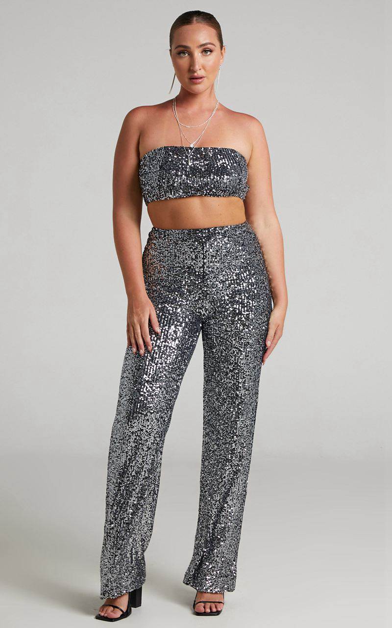 Showpo Imogen Two Piece Set - Bandeau Top And Straight Pants Set Gunmetal | OEIWTD182