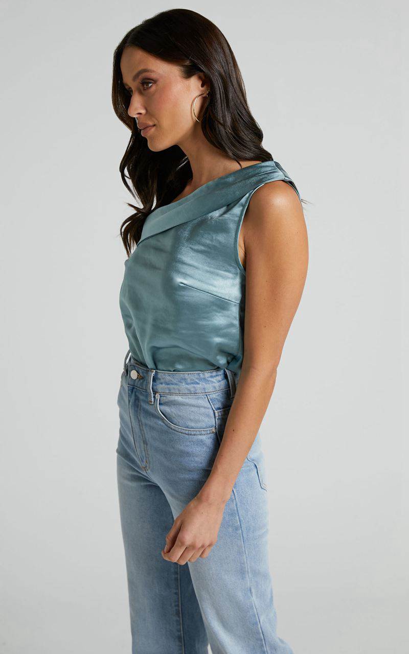 Showpo Indah Top - Draped Off Shoulder Top Sage | IEOCKN702