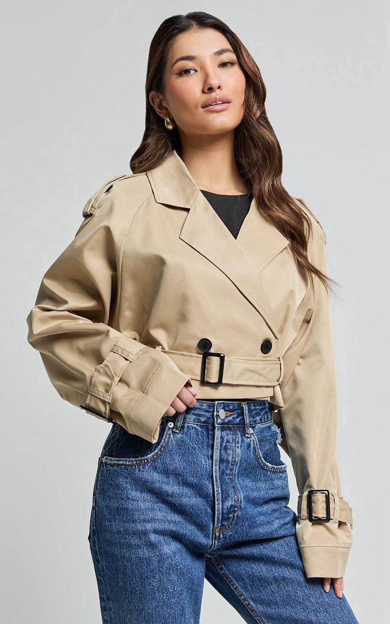 Showpo Indiana Trench Coat - Double Breasted Tie Waist Cropped Coat Beige | GROPHA173