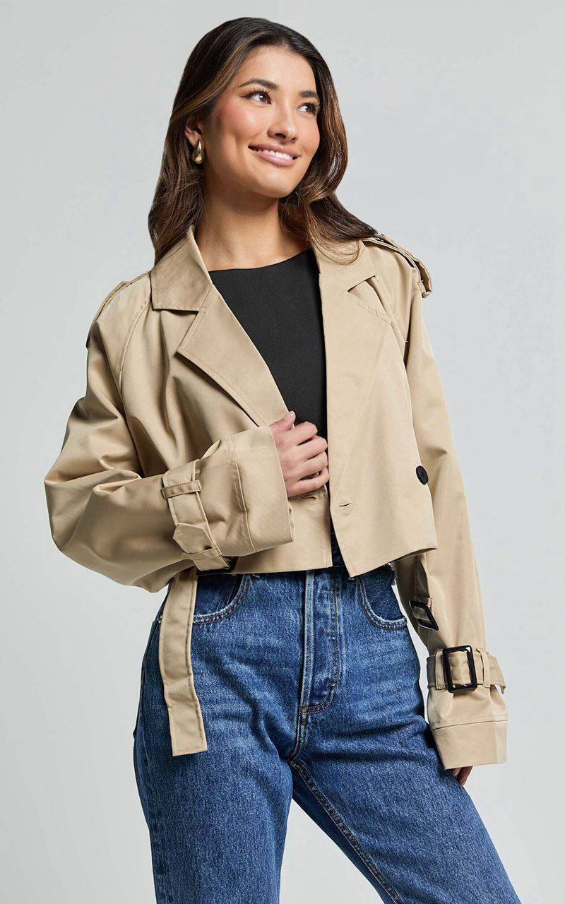 Showpo Indiana Trench Coat - Double Breasted Tie Waist Cropped Coat Beige | GROPHA173