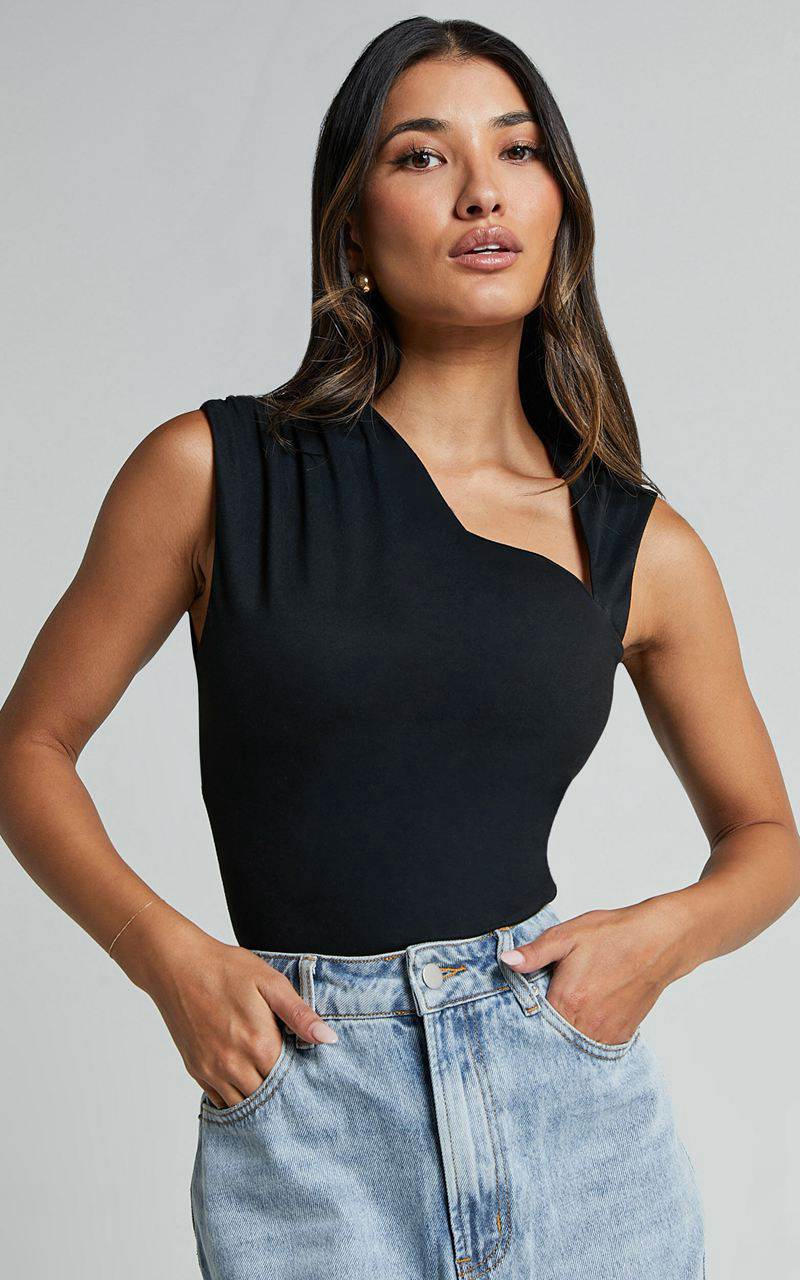 Showpo Inessa Top - Sleeveless Asymmetrical Neck Top Black | WOUBNS843