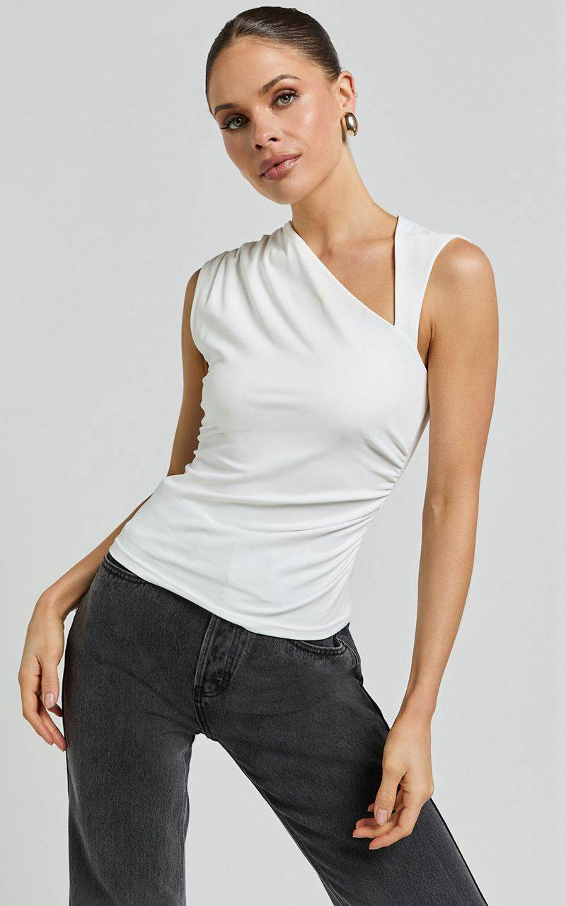 Showpo Inessa Top - Sleeveless Asymmetrical Neck Top Off White | UHKWMC590