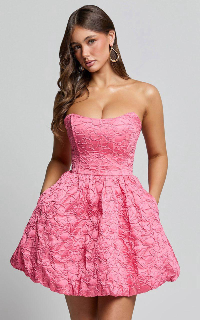 Showpo Inez Mini Dress - Jacquard Strapless Bubble Hem Dress Pink | LFRVBJ420