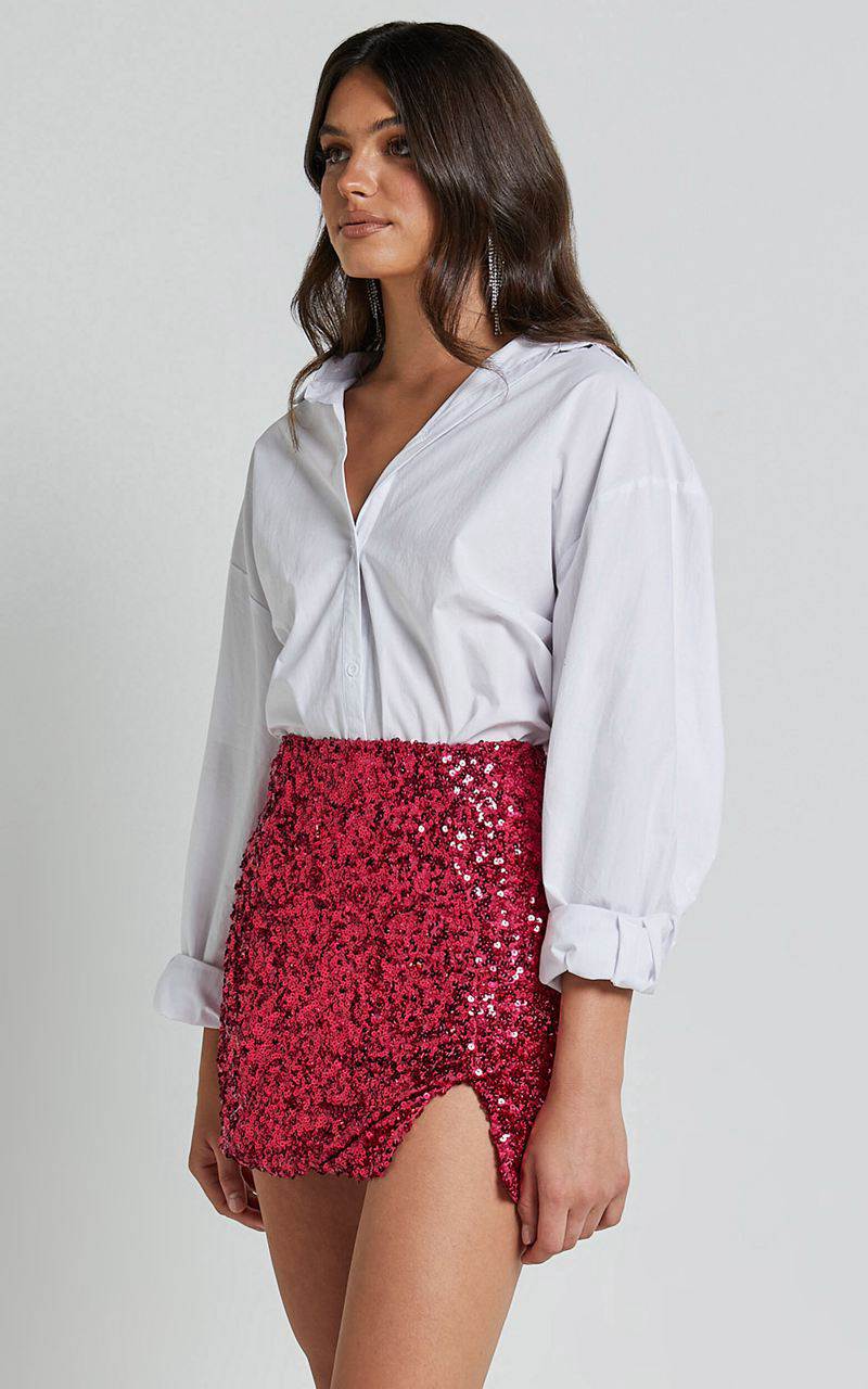 Showpo Ingrid Mini Skirt - Sequin Skirt Fuchsia | TKYSIP186