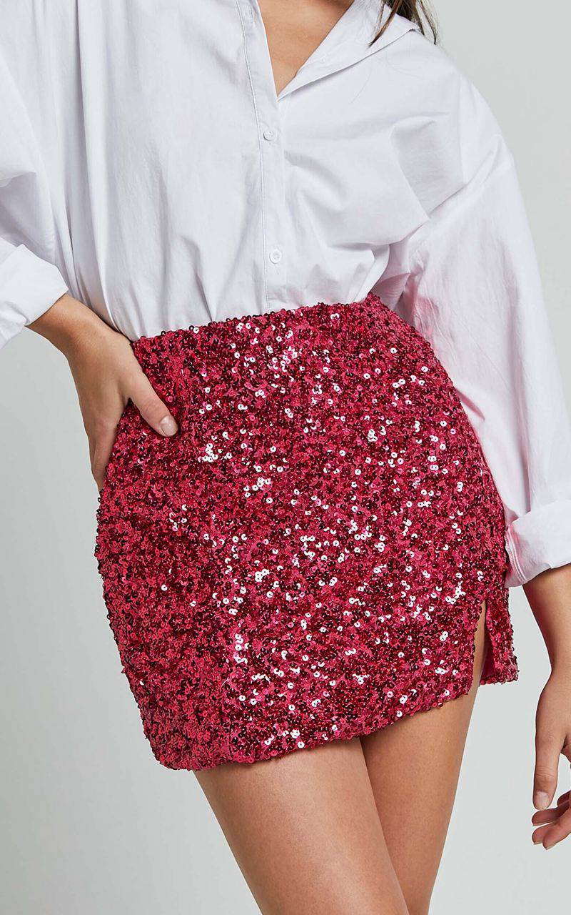 Showpo Ingrid Mini Skirt - Sequin Skirt Fuchsia | TKYSIP186