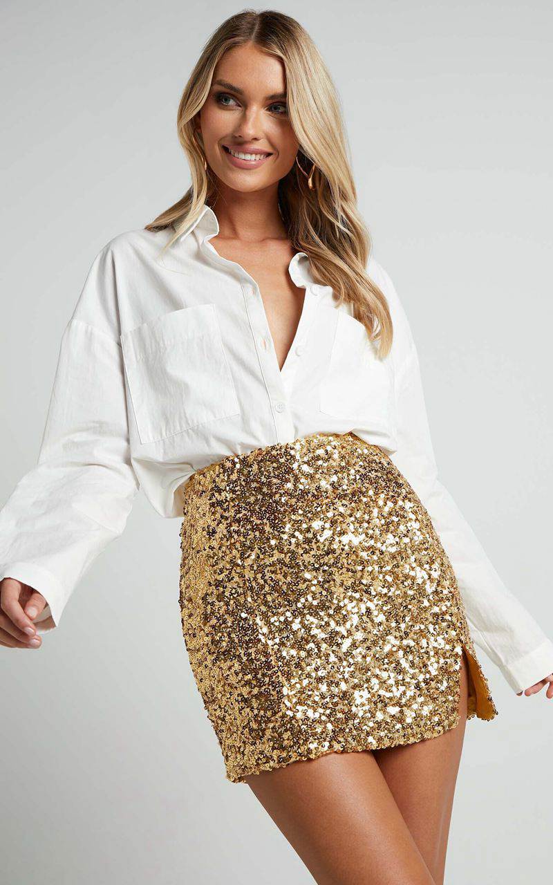 Showpo Ingrid Mini Skirt - Sequin Skirt Gold Sequin | XOSDEU392