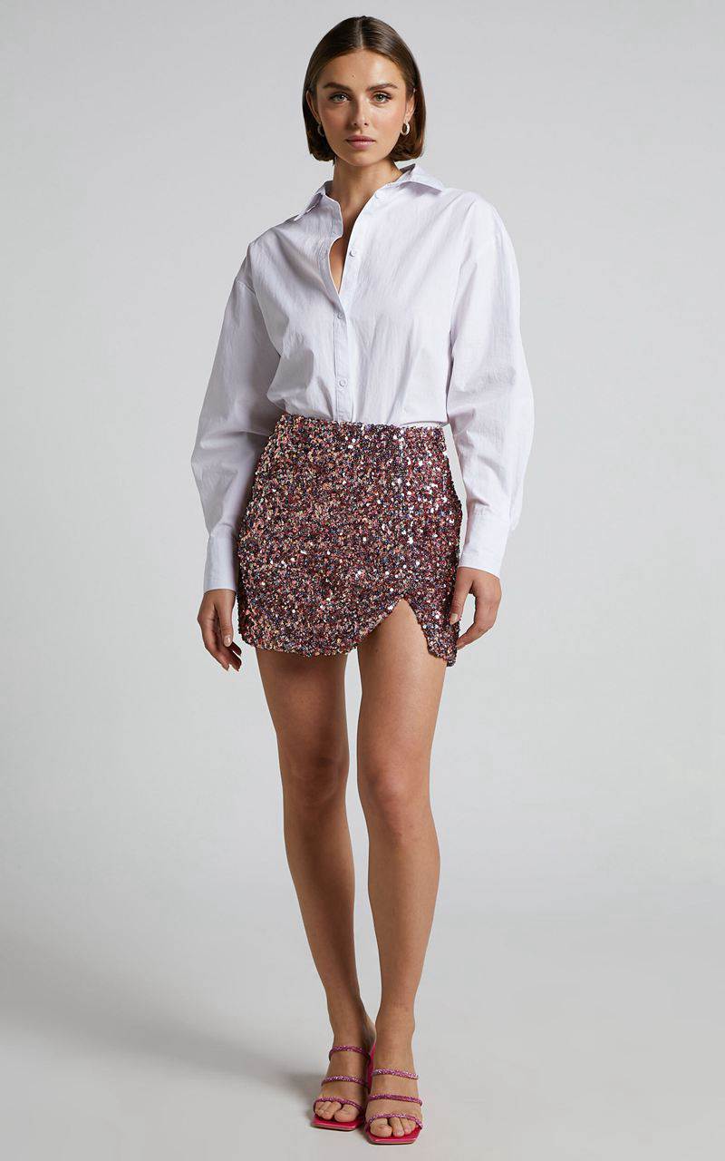 Showpo Ingrid Mini Skirt - Sequin Skirt Pink Multi | LHJNRP180