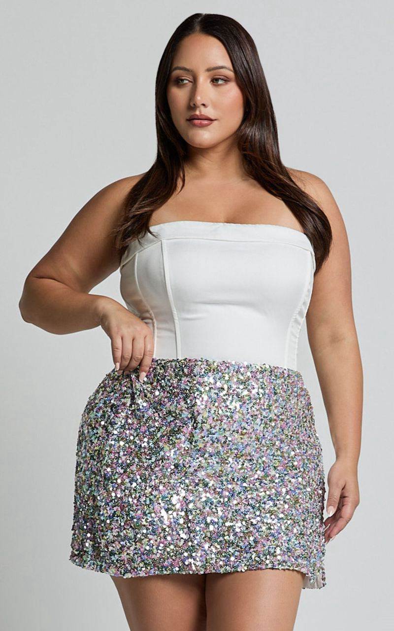 Showpo Ingrid Mini Skirt - Sequin Skirt Rainbow Silver | FQITVX084