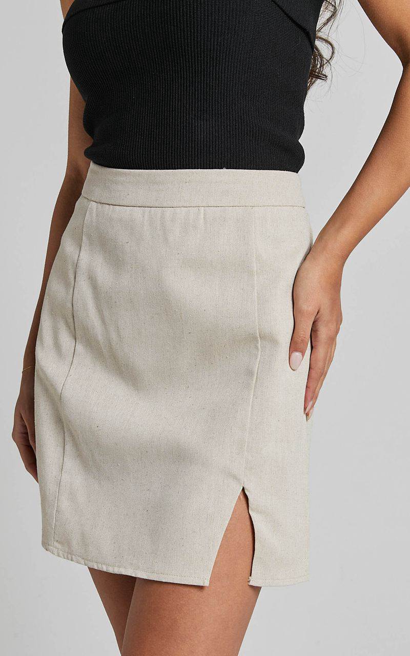 Showpo International Babe Mini Skirt - Linen Look Side Split Skirt Oat | NRHQXA659