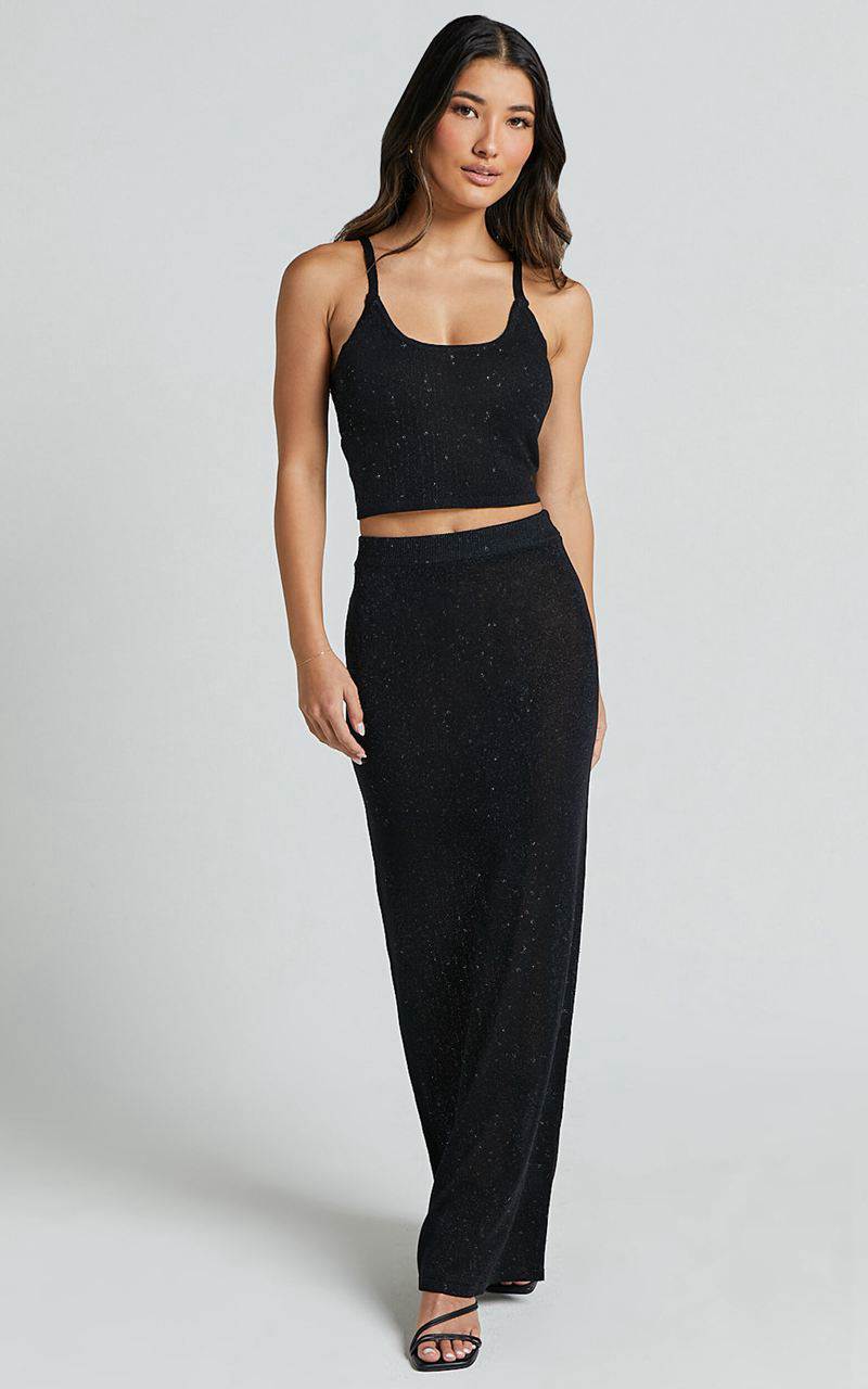 Showpo Irina Two Piece Set - Glitter Knit Cami Top And Midi Skirt Black | ICUVQG240