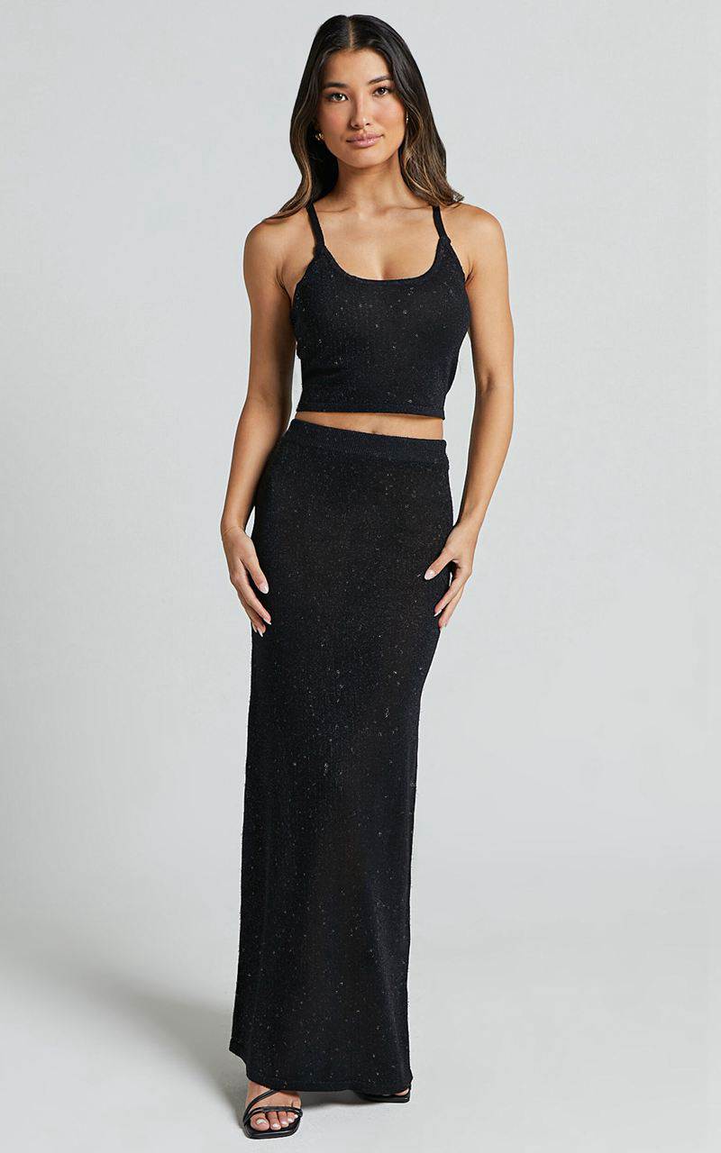 Showpo Irina Two Piece Set - Glitter Knit Cami Top And Midi Skirt Black | ICUVQG240