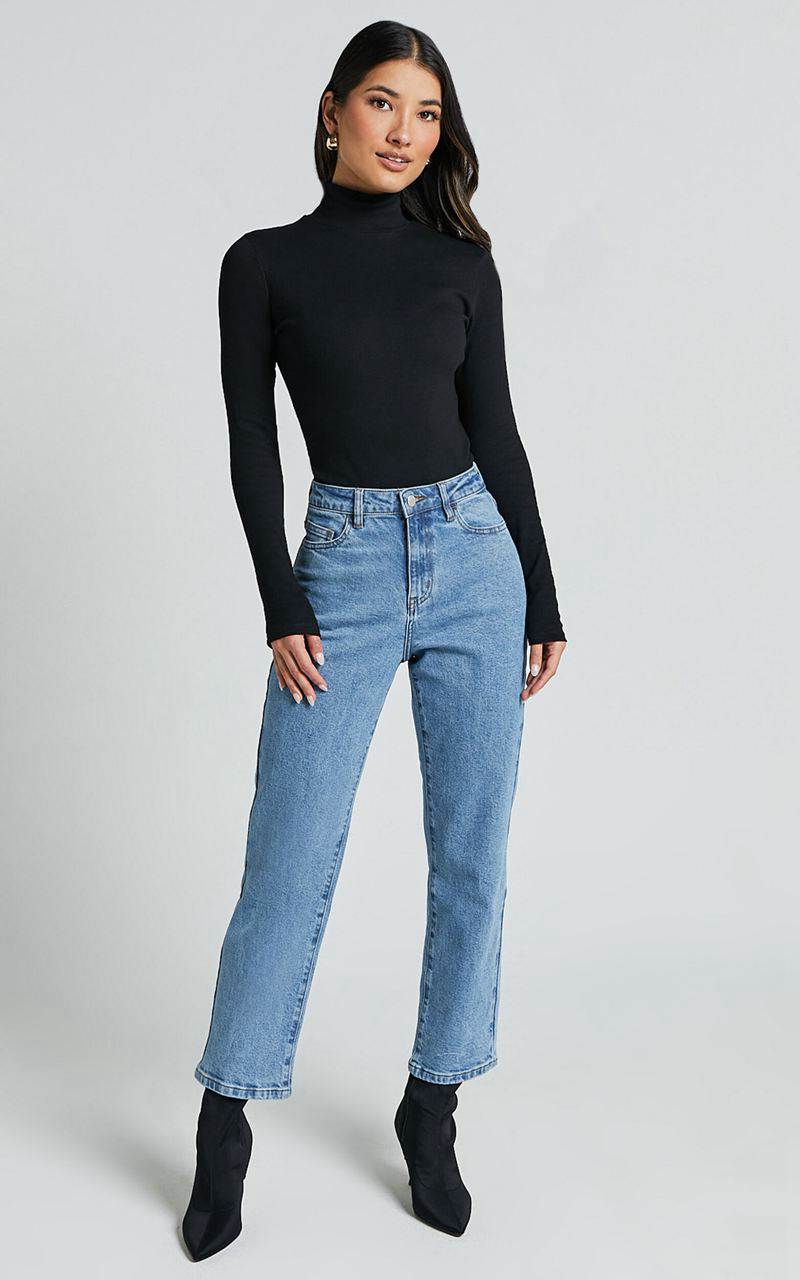 Showpo Isabela Bodysuit - High Neck Long Sleeve Ribbed Bodysuit Black | LZKDUE042