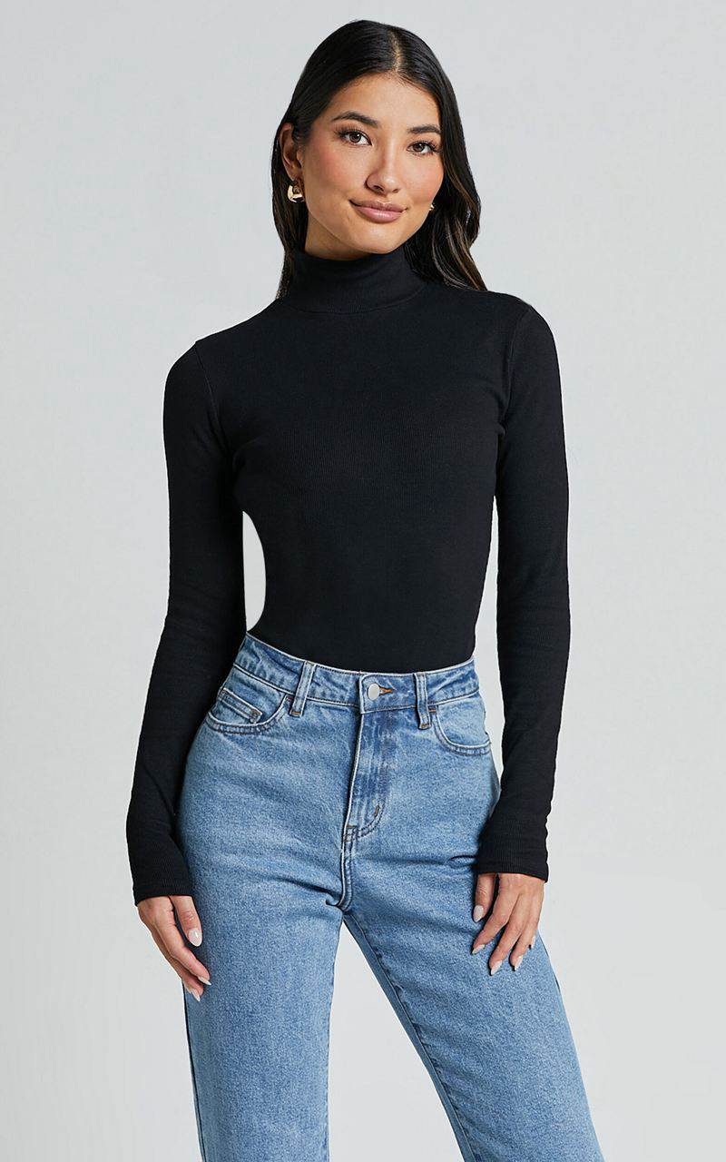 Showpo Isabela Bodysuit - High Neck Long Sleeve Ribbed Bodysuit Black | LZKDUE042