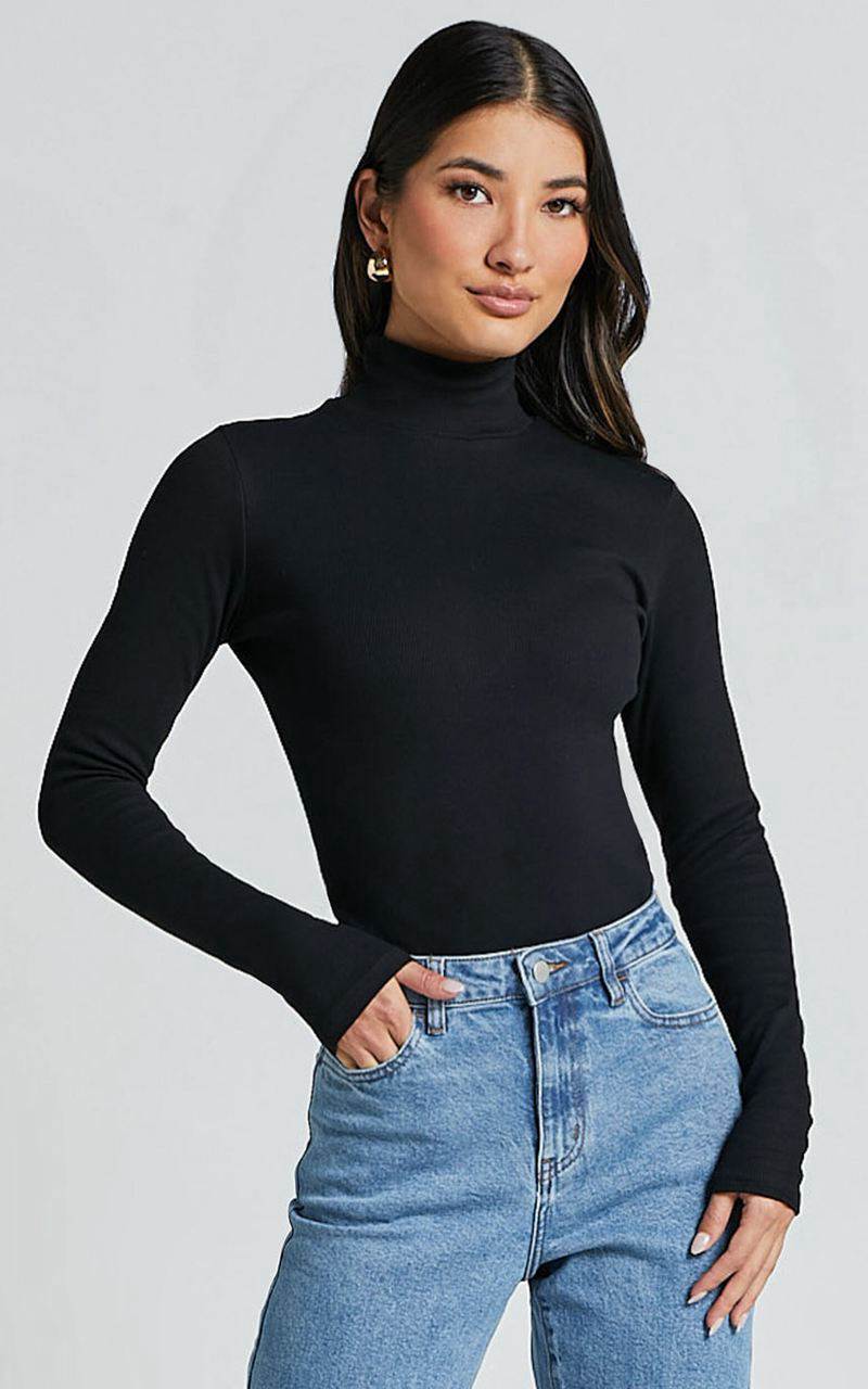 Showpo Isabela Bodysuit - High Neck Long Sleeve Ribbed Bodysuit Black | LZKDUE042