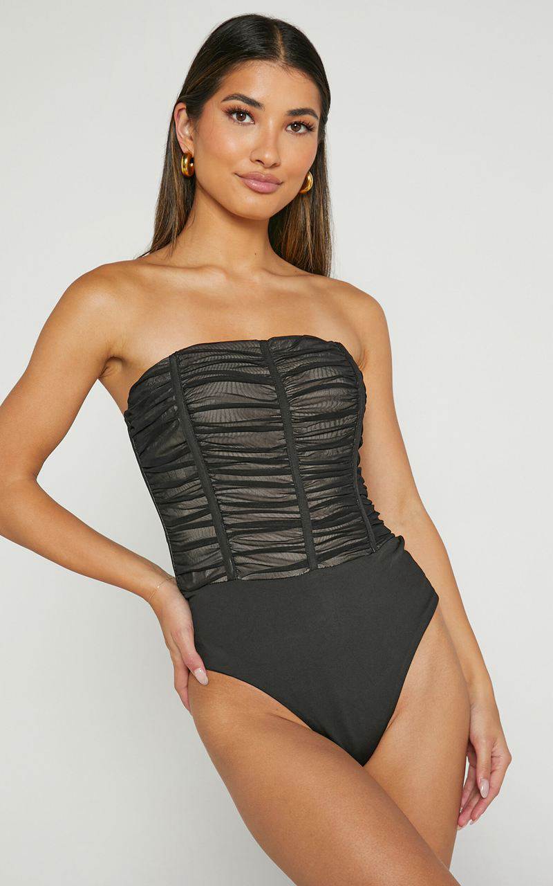 Showpo Isabella Bodysuit - Ruched Strapless Mesh Corset Black | JLREFI204