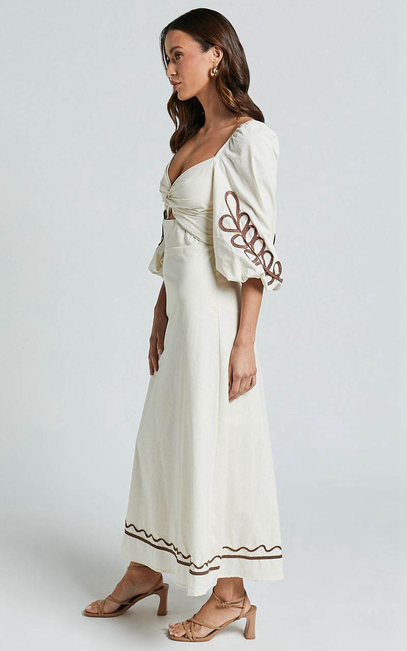 Showpo Isadora Midi Dress - Cut Out Long Sleeve Contrast Embroidery Dress Natural | QFNPWC687