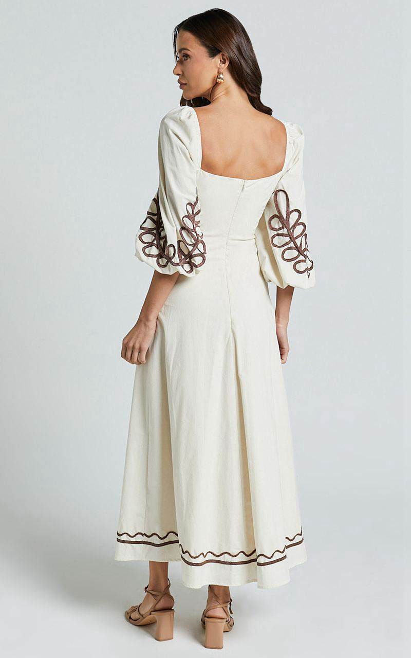 Showpo Isadora Midi Dress - Cut Out Long Sleeve Contrast Embroidery Dress Natural | QFNPWC687