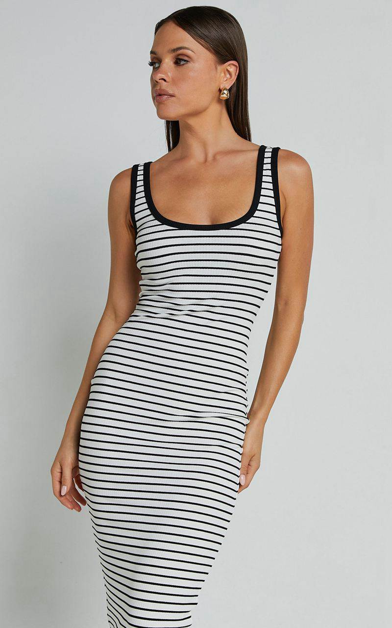 Showpo Isha Midi Dress - Ribbed Scoop Neck Sleeveless Bodycon Dress White And Black Stripe | ADVRYF182