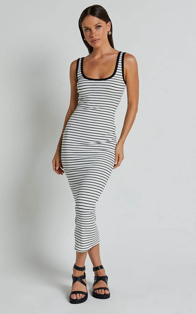 Showpo Isha Midi Dress - Ribbed Scoop Neck Sleeveless Bodycon Dress White And Black Stripe | ADVRYF182