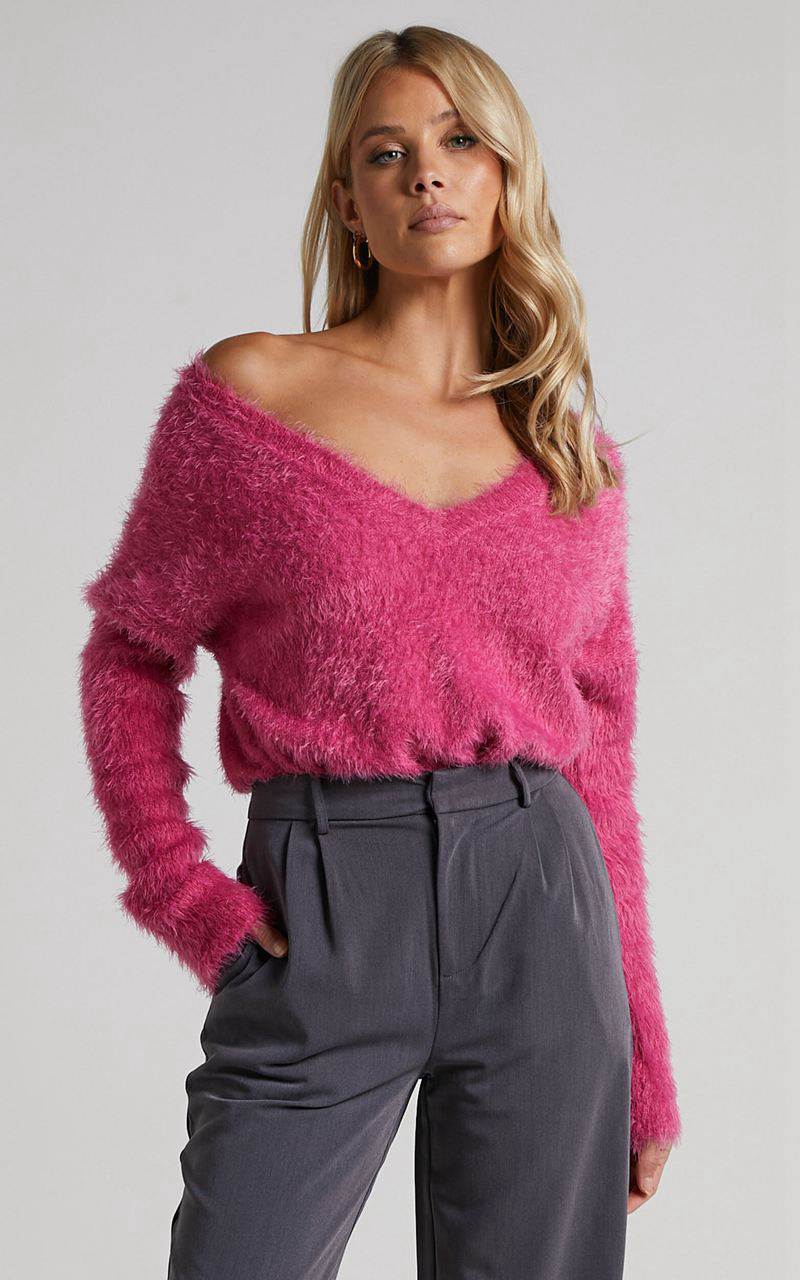 Showpo Ishani Sweater - Oversized V Neck Sweater Pink | LRSCUK935