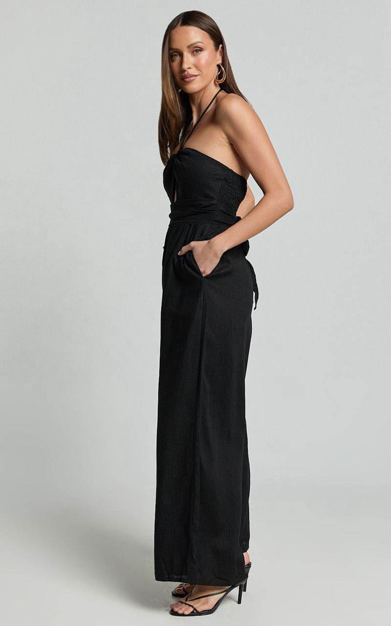 Showpo Isla Jumpsuit - Linen Look Halter Neck Jumpsuit Black | KRQDVC143