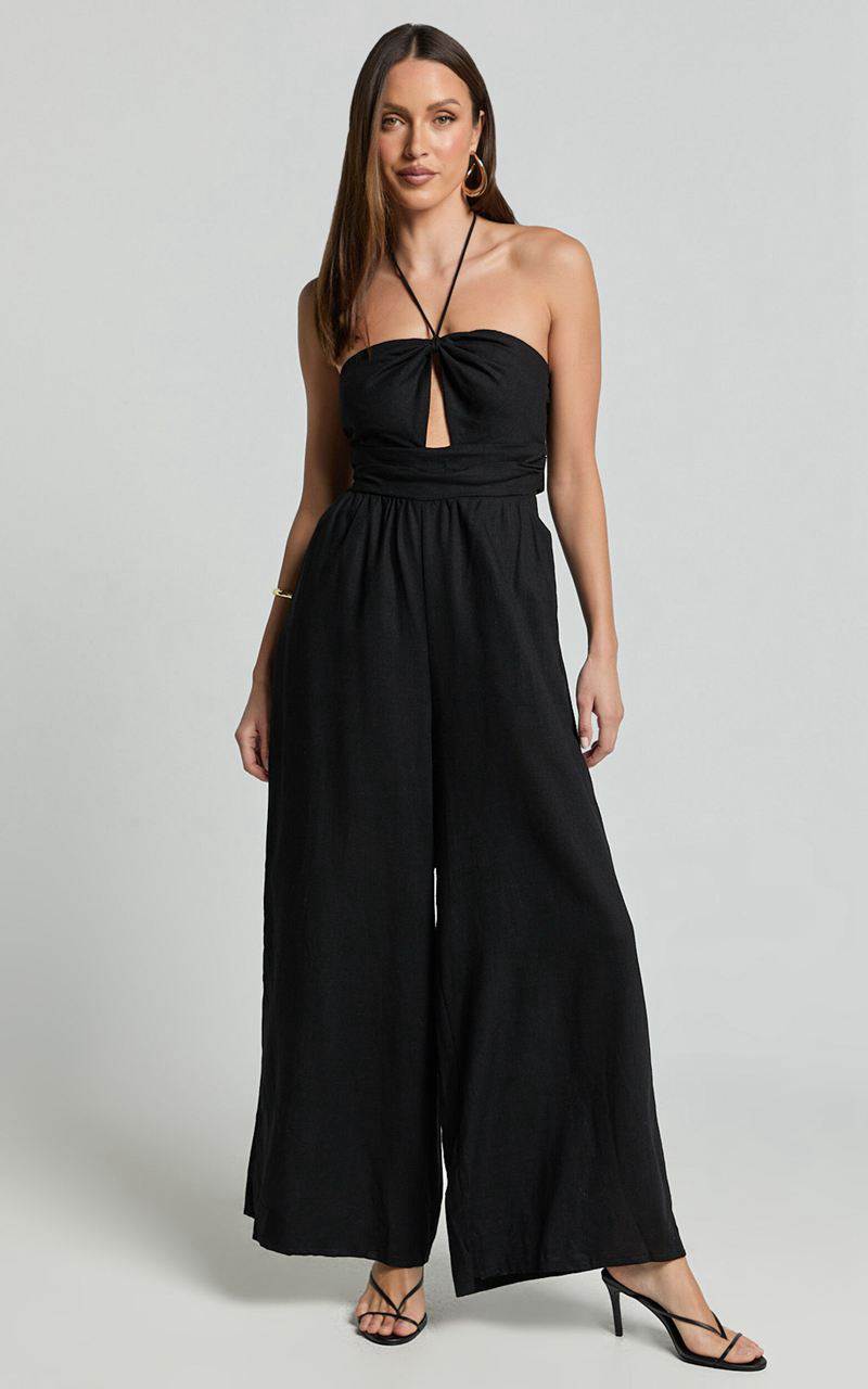 Showpo Isla Jumpsuit - Linen Look Halter Neck Jumpsuit Black | KRQDVC143