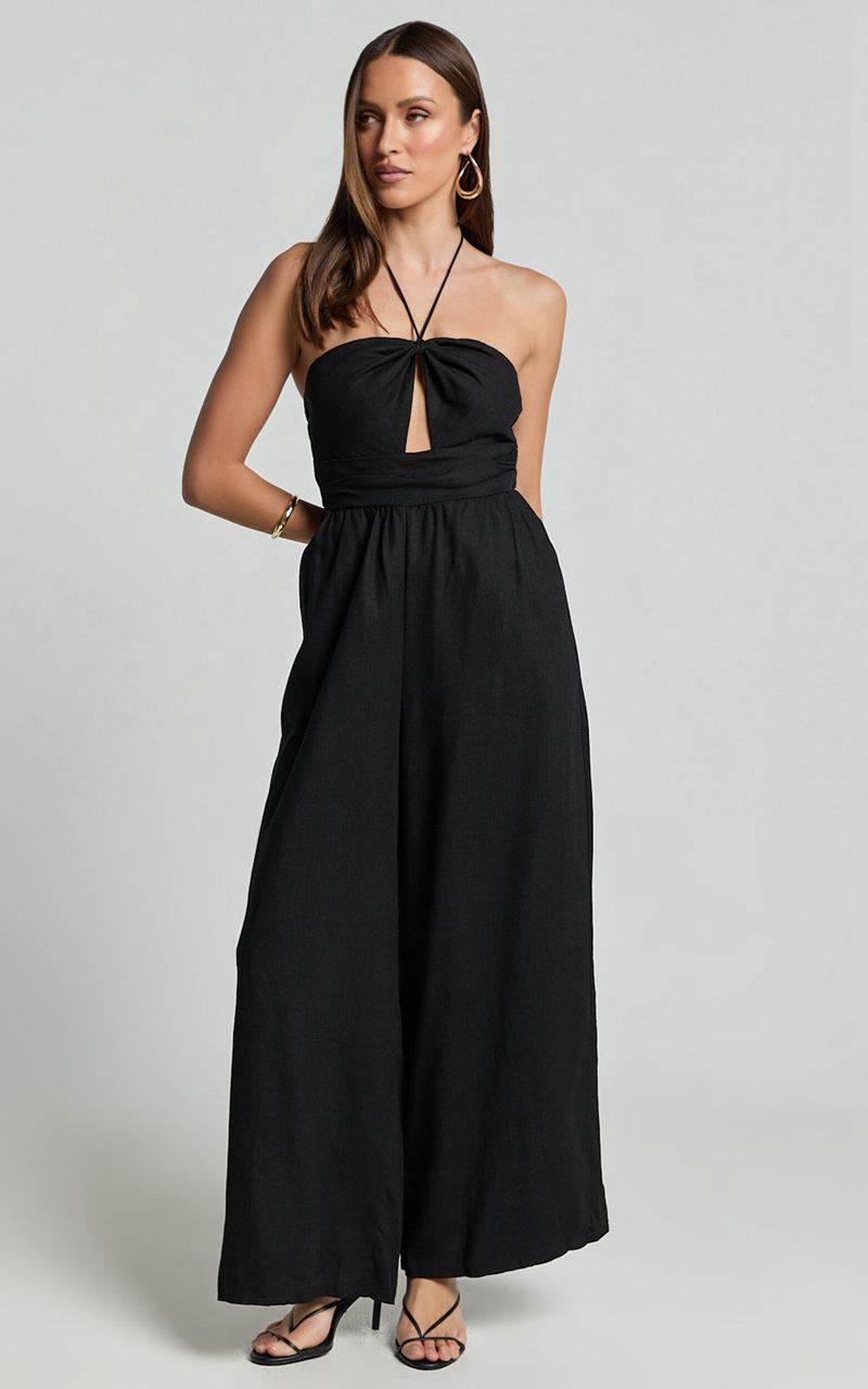 Showpo Isla Jumpsuit - Linen Look Halter Neck Jumpsuit Black | KRQDVC143