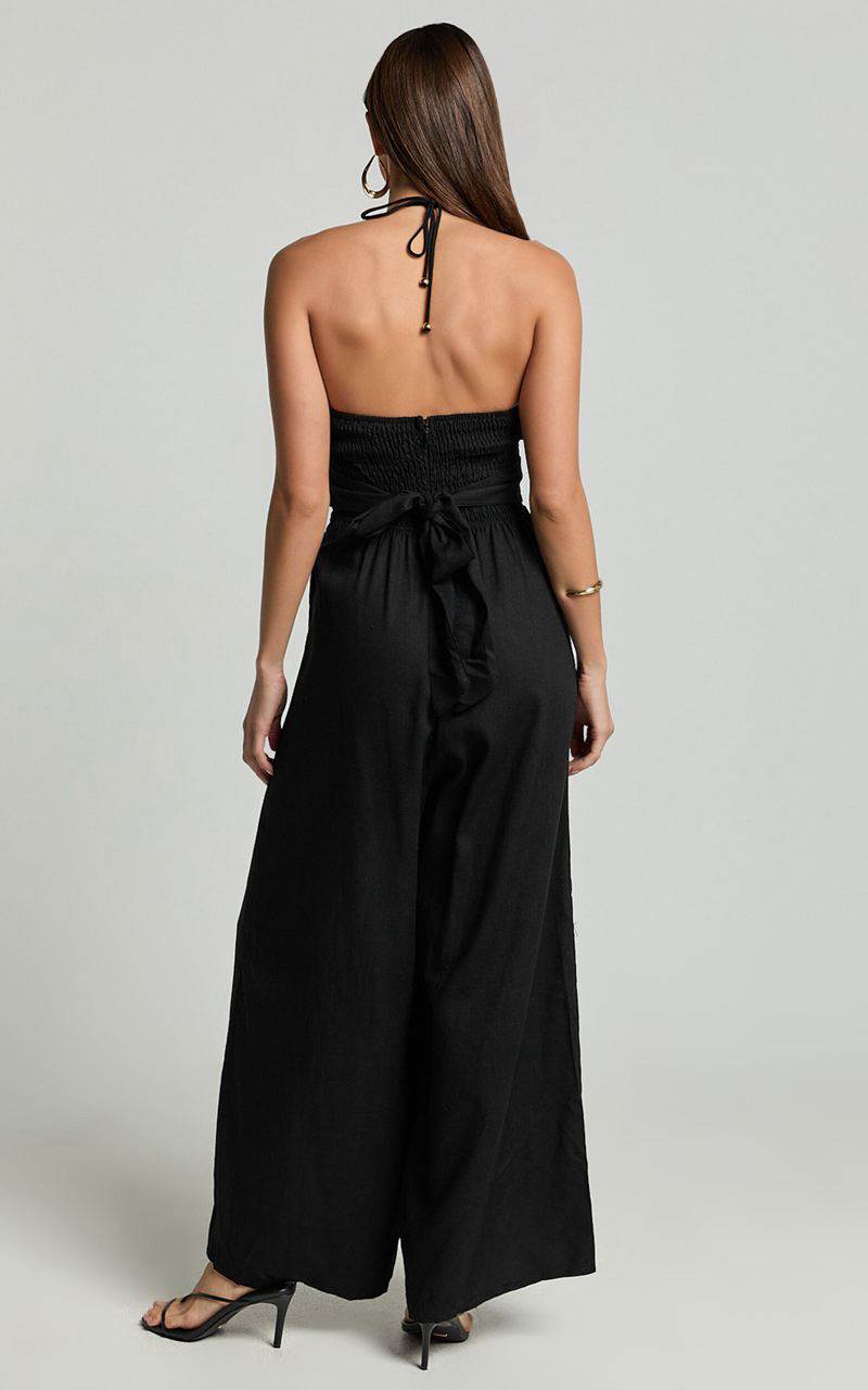 Showpo Isla Jumpsuit - Linen Look Halter Neck Jumpsuit Black | KRQDVC143