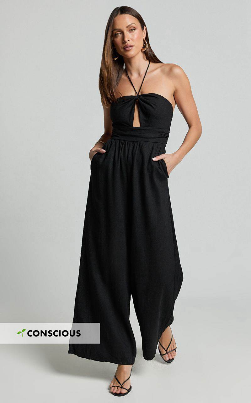 Showpo Isla Jumpsuit - Linen Look Halter Neck Jumpsuit Black | KRQDVC143