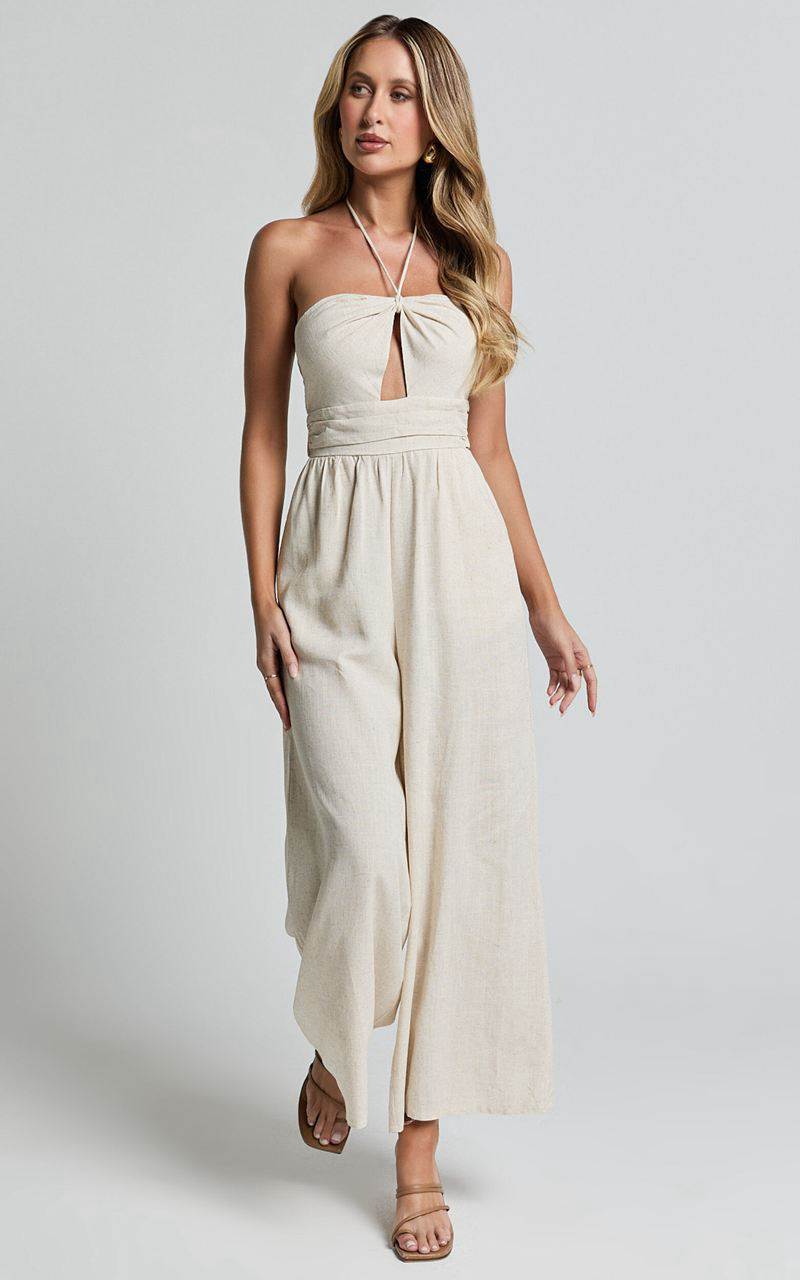 Showpo Isla Jumpsuit - Linen Look Halter Neck Jumpsuit Beige | XKVIHQ862