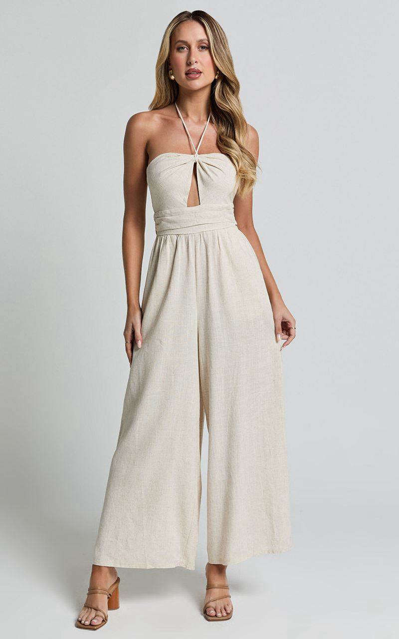 Showpo Isla Jumpsuit - Linen Look Halter Neck Jumpsuit Beige | XKVIHQ862