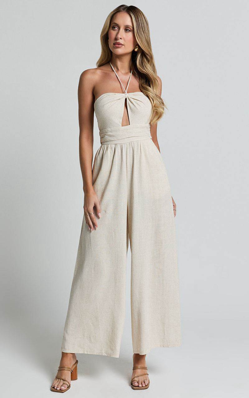 Showpo Isla Jumpsuit - Linen Look Halter Neck Jumpsuit Beige | XKVIHQ862