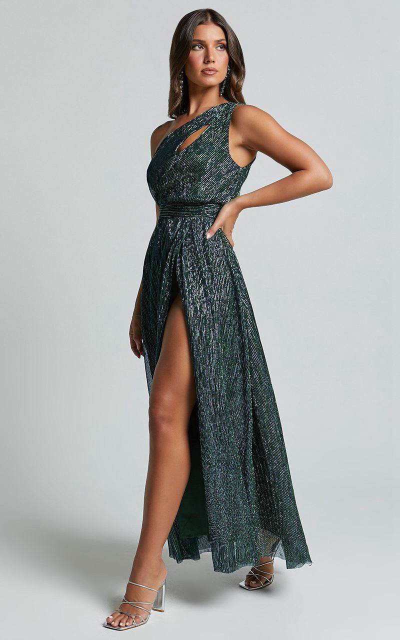 Showpo Isra Maxi Dress - Lurex Slit Cut Out One Shoulder Dress Emerald | FRUIYH057