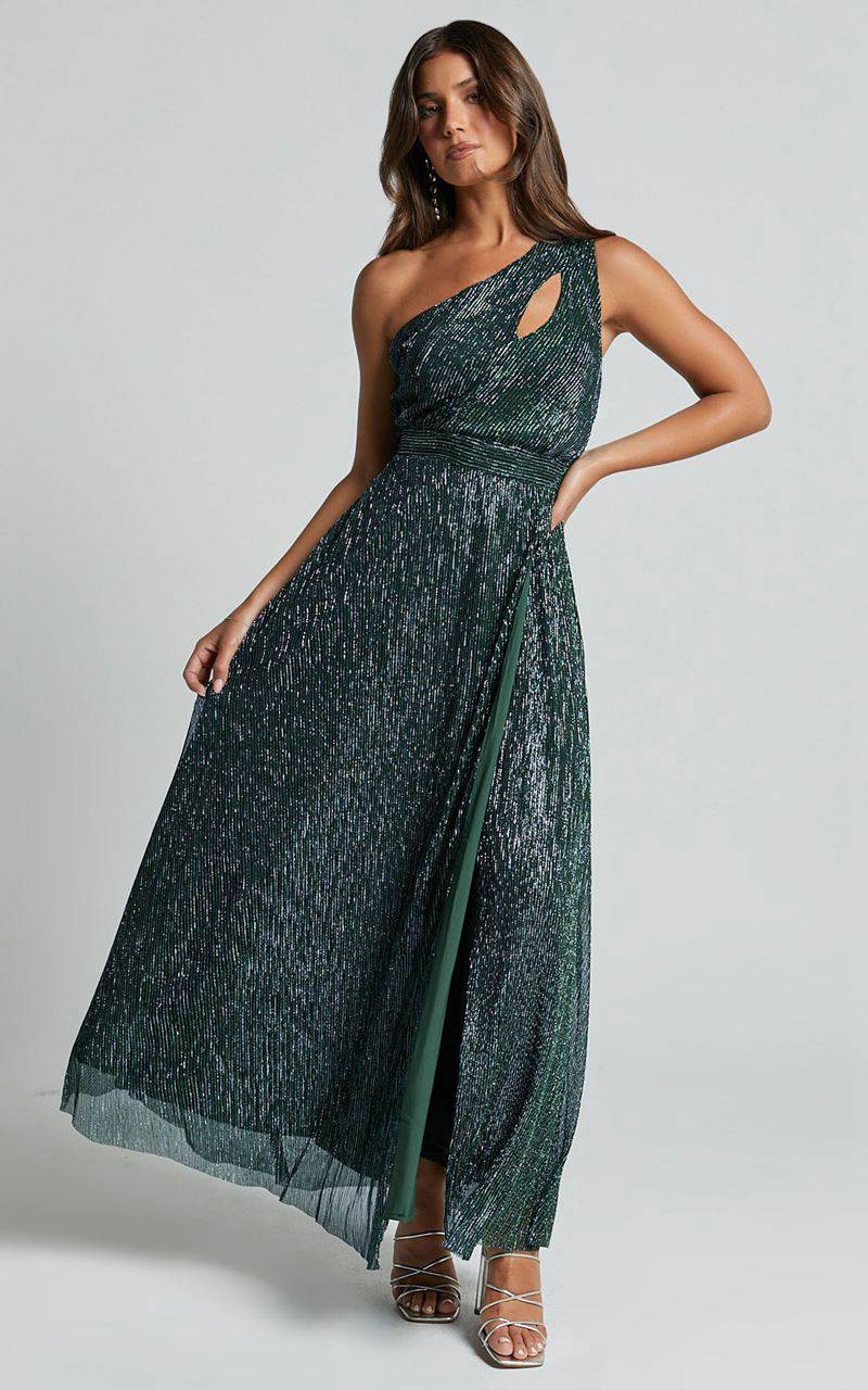 Showpo Isra Maxi Dress - Lurex Slit Cut Out One Shoulder Dress Emerald | FRUIYH057