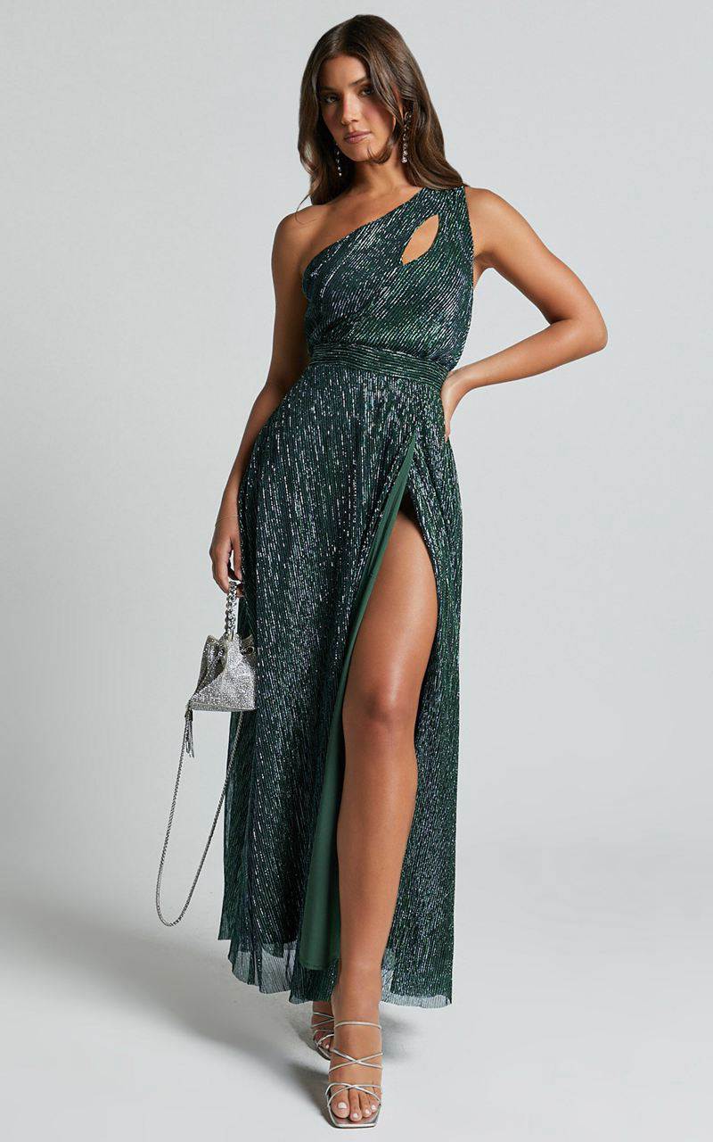 Showpo Isra Maxi Dress - Lurex Slit Cut Out One Shoulder Dress Emerald | FRUIYH057