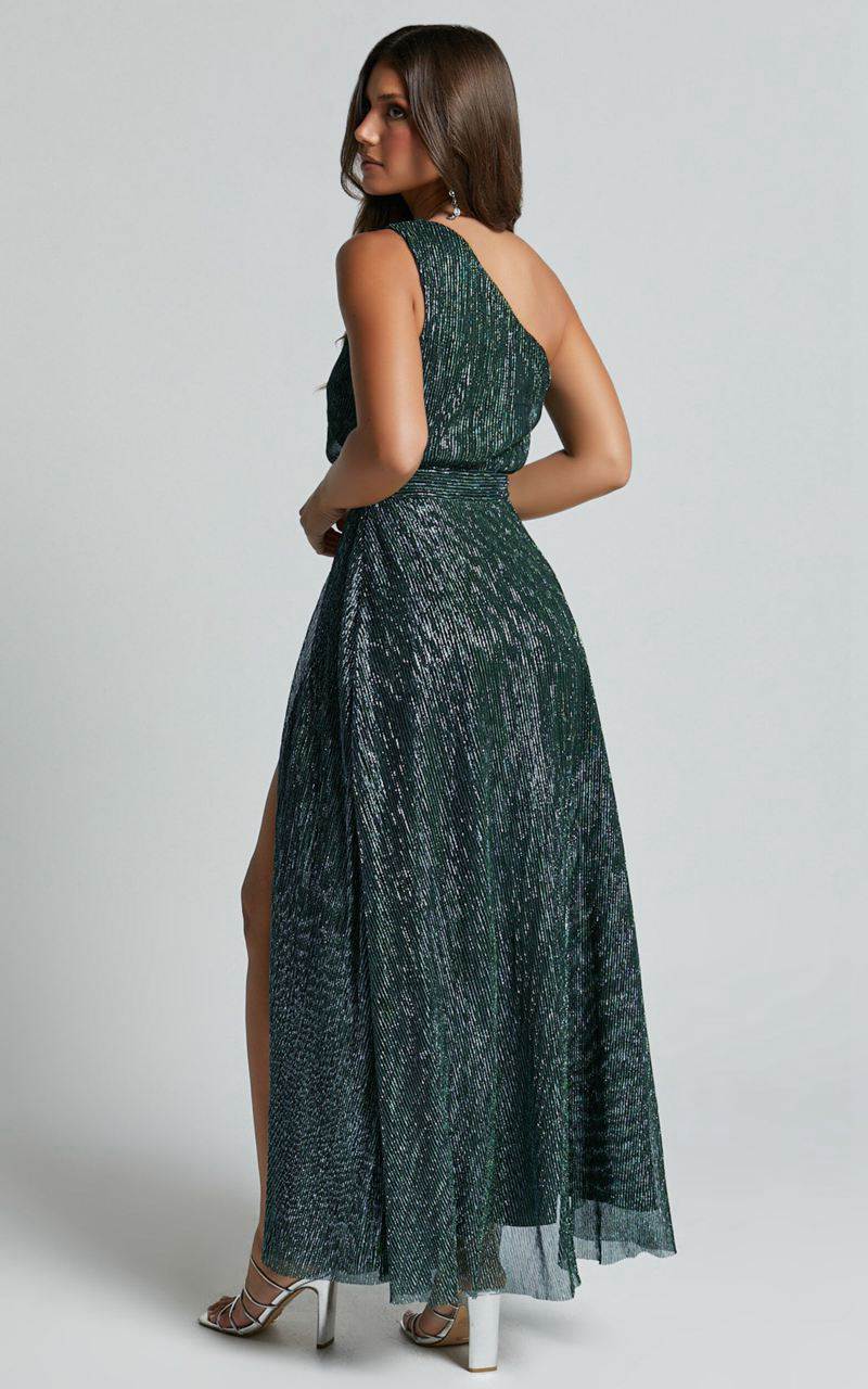 Showpo Isra Maxi Dress - Lurex Slit Cut Out One Shoulder Dress Emerald | FRUIYH057