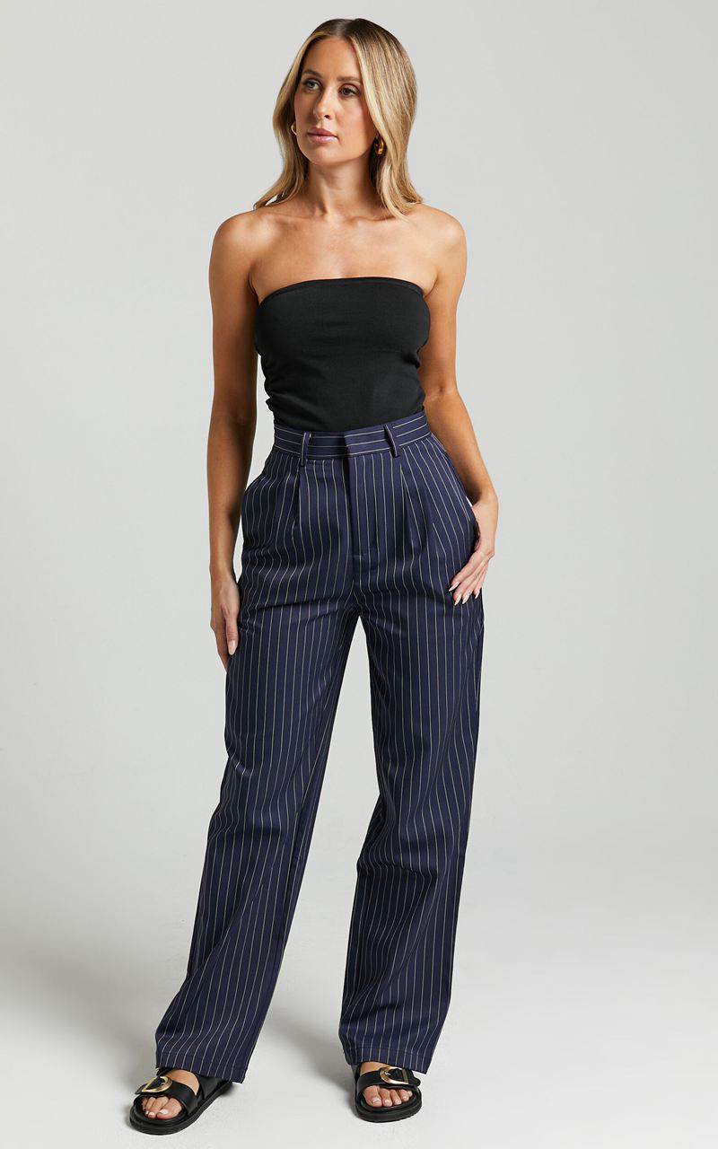 Showpo Iyah Pants - High Waisted Tailored Pants Navy Pinstripe | GHDPFM675