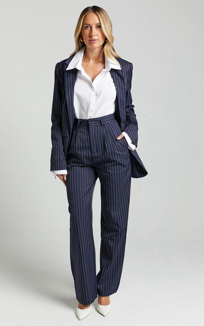 Showpo Iyah Pants - High Waisted Tailored Pants Navy Pinstripe | GHDPFM675