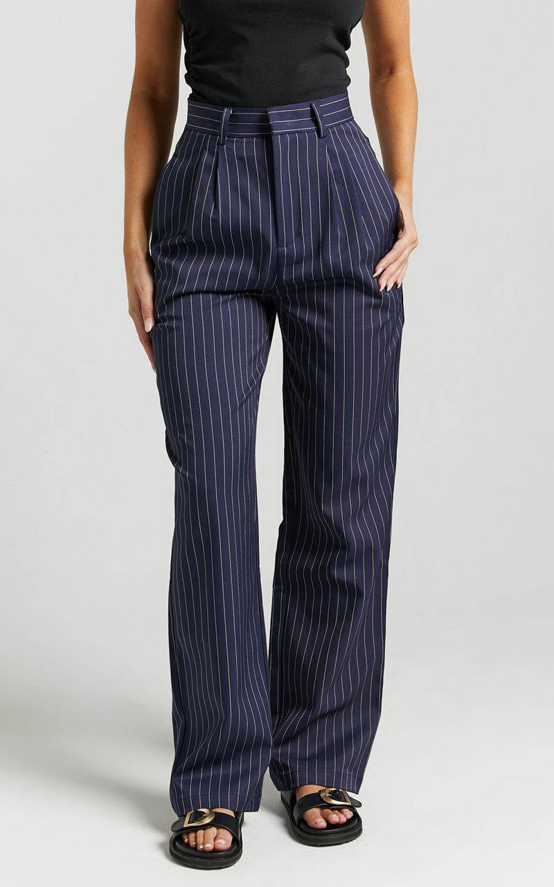 Showpo Iyah Pants - High Waisted Tailored Pants Navy Pinstripe | GHDPFM675