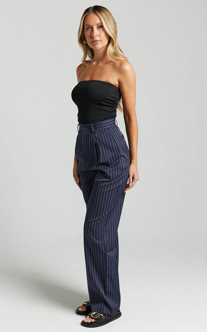 Showpo Iyah Pants - High Waisted Tailored Pants Navy Pinstripe | GHDPFM675