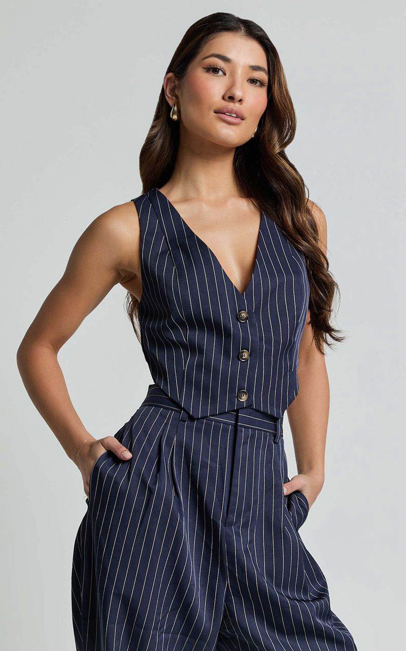 Showpo Iyah Top - V Neck Button Up Cropped Vest Navy Pinstripe | XHJVAU481