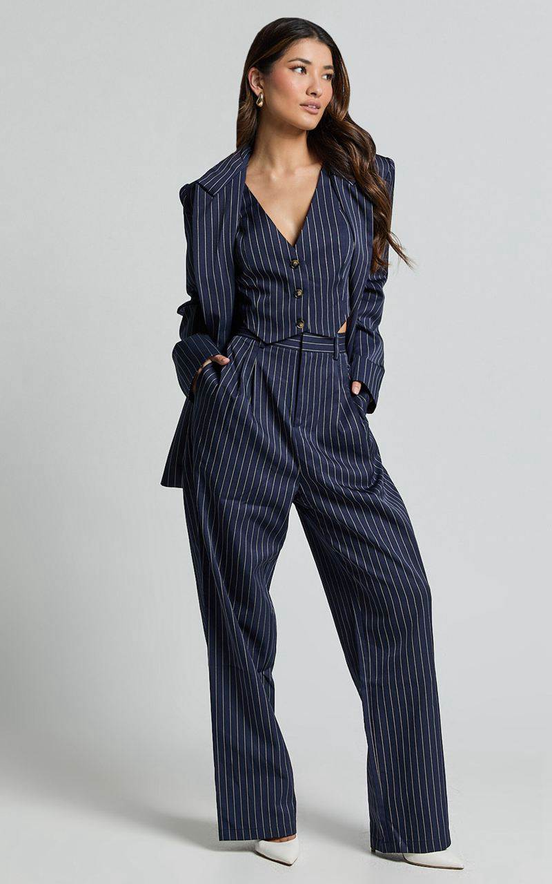 Showpo Iyah Top - V Neck Button Up Cropped Vest Navy Pinstripe | XHJVAU481