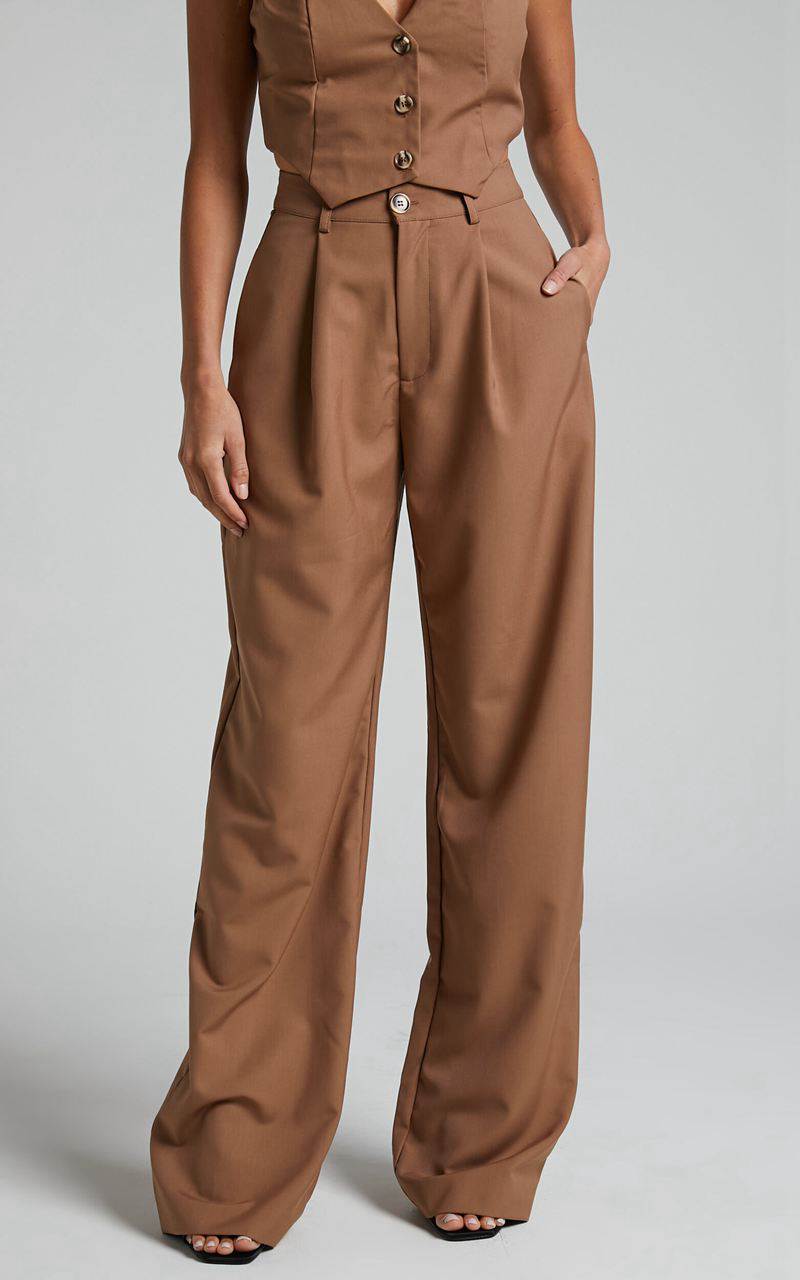 Showpo Izara Trousers - Mid Rise Relaxed Straight Leg Tailored Trousers Mocha | BLUNKD789