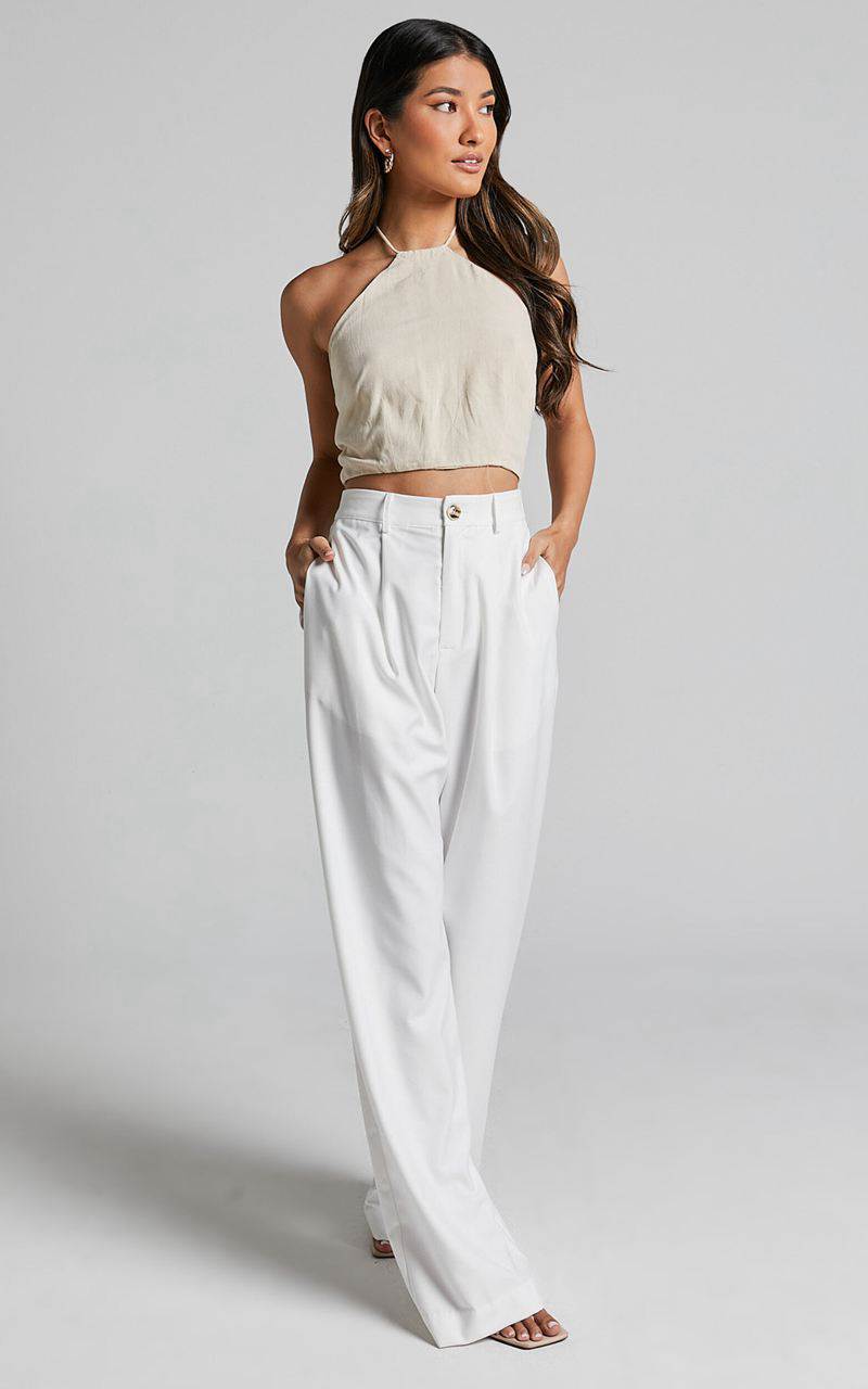 Showpo Izara Trousers - Mid Rise Relaxed Straight Leg Tailored Trousers Warm White | IHDAPK306