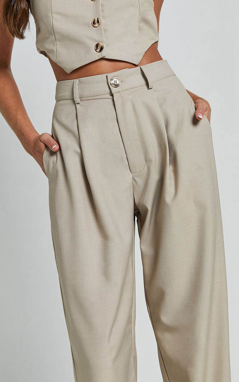 Showpo Izara Trousers - Mid Rise Relaxed Straight Leg Tailored Trousers Oatmeal | WCMKSX321