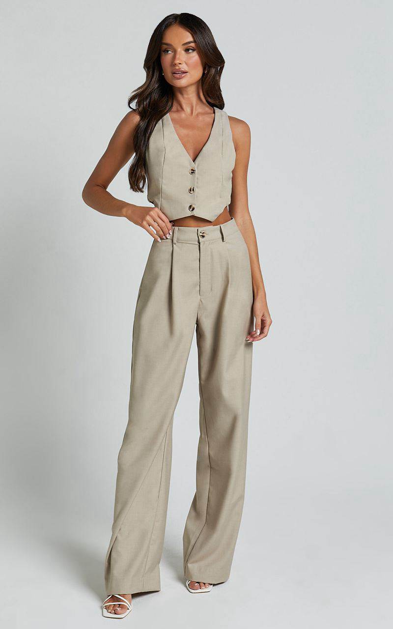 Showpo Izara Trousers - Mid Rise Relaxed Straight Leg Tailored Trousers Oatmeal | WCMKSX321