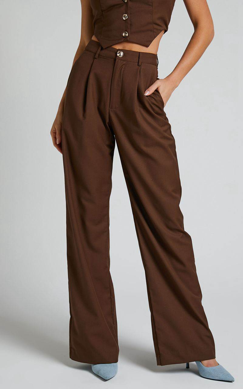 Showpo Izara Trousers - Mid Rise Relaxed Straight Leg Tailored Trousers Chocolate | CASDBP285