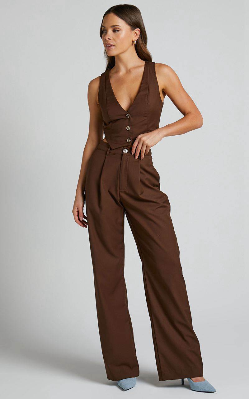 Showpo Izara Vest - V Neck Button Up Cropped Vest Chocolate | AVRJHZ471