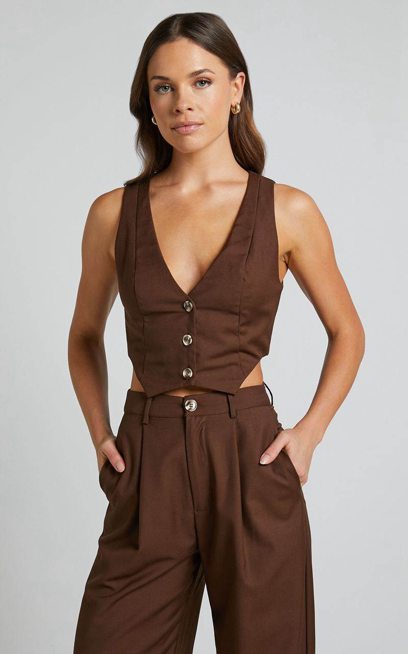 Showpo Izara Vest - V Neck Button Up Cropped Vest Chocolate | AVRJHZ471