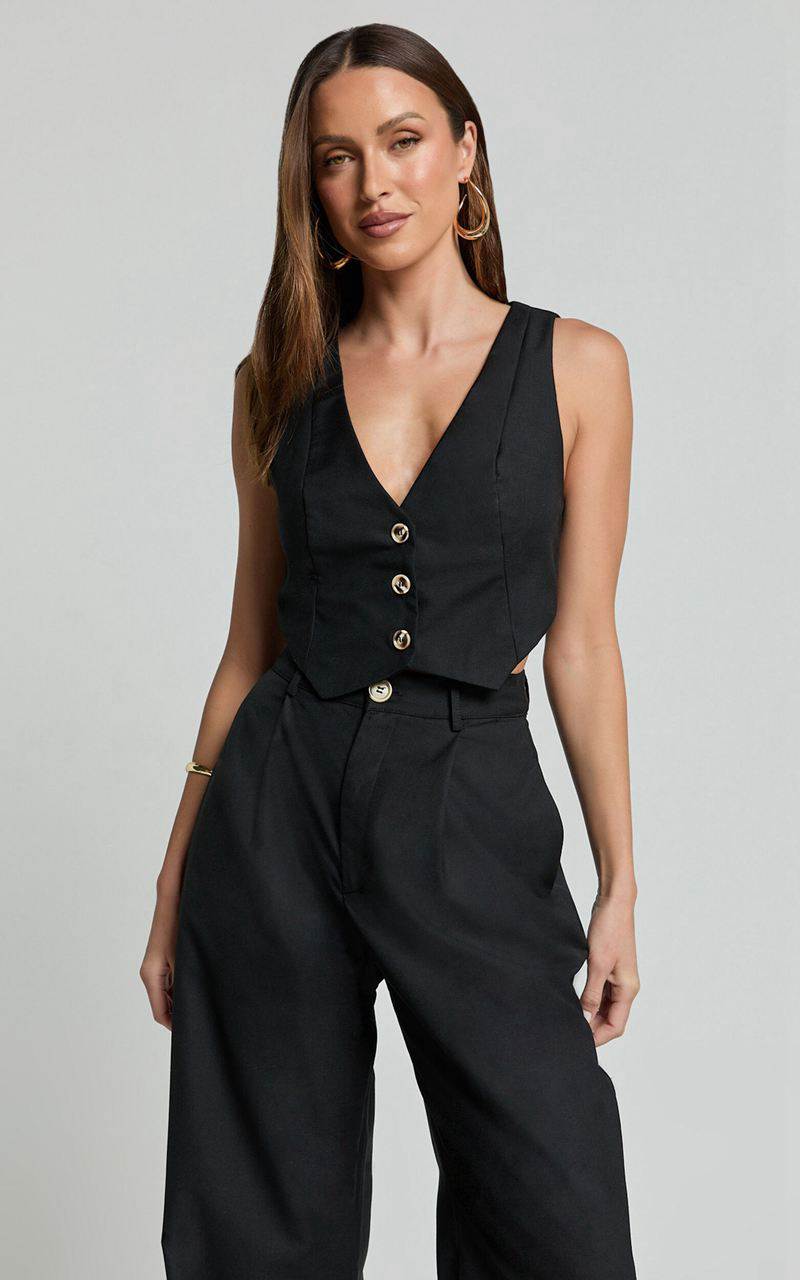 Showpo Izara Vest - V Neck Button Up Cropped Vest Black | FJWCLG158